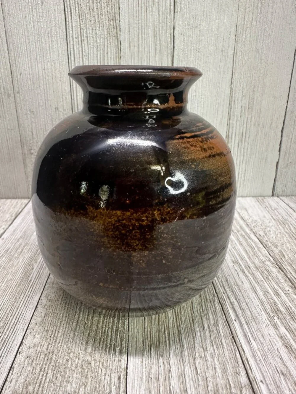 Vtg 4.5 inch Vase Stoneware Pottery Ceramic Dark Brown Galaxy Glaze MCM